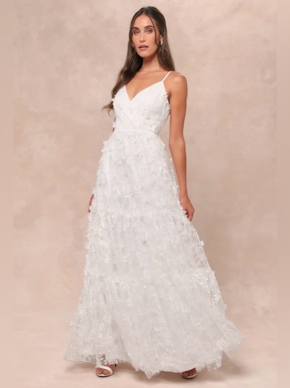 Lulus Adoringly Yours White 3D Floral Tiered Maxi Dress Wedding Bridal Medium